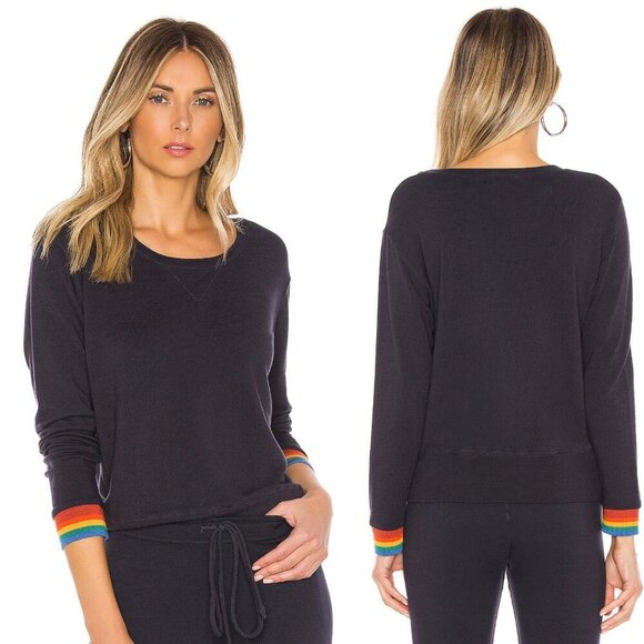 Monrow Blue Cotton Blend Stretch Rainbow Cuff Sweatshirt Medium - 35568 - Picture 1 of 13